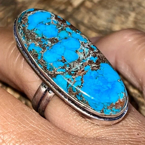 Oval Hubei Brown & Blue Turquoise Ring Size 7 - Picture 3 of 9